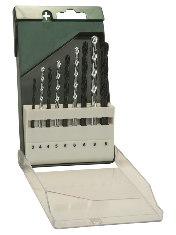 Bosch 9-os. poranteräsarja: metalli HSS-R/kivi 3,0 mm x 61 mm; 4,0 mm x 75 mm; 5,0 mm x 86 mm; 6,0 mm x 93 mm; 8,0 mm x 117 mm; 4,0 mm x 75 mm; 5,0 mm x 85 mm; 6,0 mm x 100 mm; 8,0 mm x 120 mm
