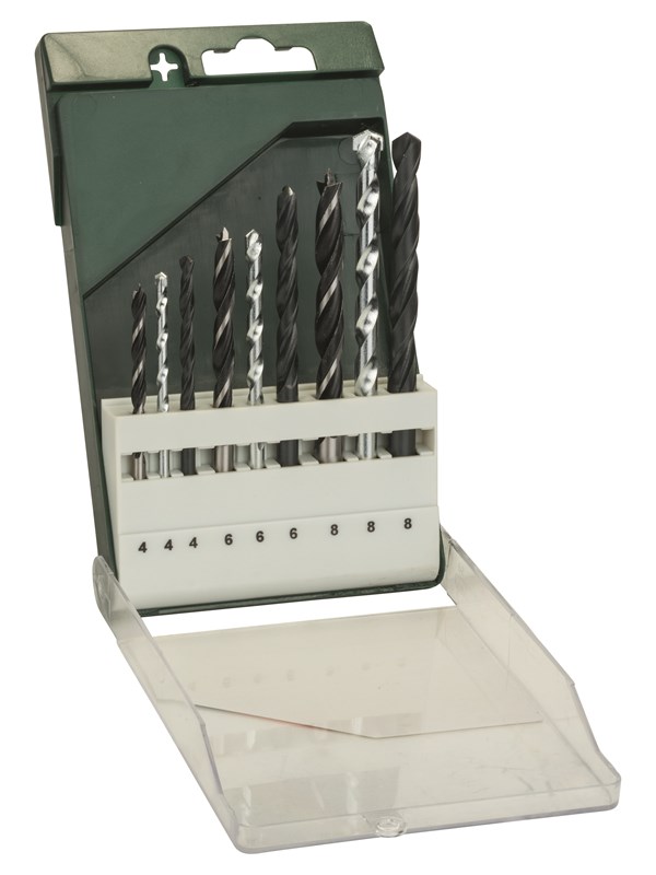 Bosch 9-os. poranteräsarja: metalli HSS-R/kivi/puu 4,0 mm x 75 mm; 6,0 mm x 93 mm; 8,0 mm x 117 mm; 4,0 mm x 75 mm; 6,0 mm x 100 mm; 8,0 mm x 120 mm; 4,0 mm x 75 mm; 6,0 mm x 92 mm; 8,0 mm x 115 mm