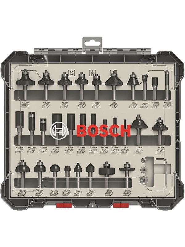 Bosch Jyrsinteräsarja, 30 kpl:n valikoima, 1/4 tuuman kara 30-piece Mixed Application Router Bit Set.