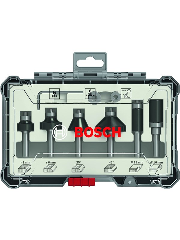 Bosch Jyrsinteräsarja, 6 kpl, tasaukseen ja reunaukseen, 1/4 tuuman kara 6-piece Trim and Edging Router Bit Set with 1/4" shank diameter.