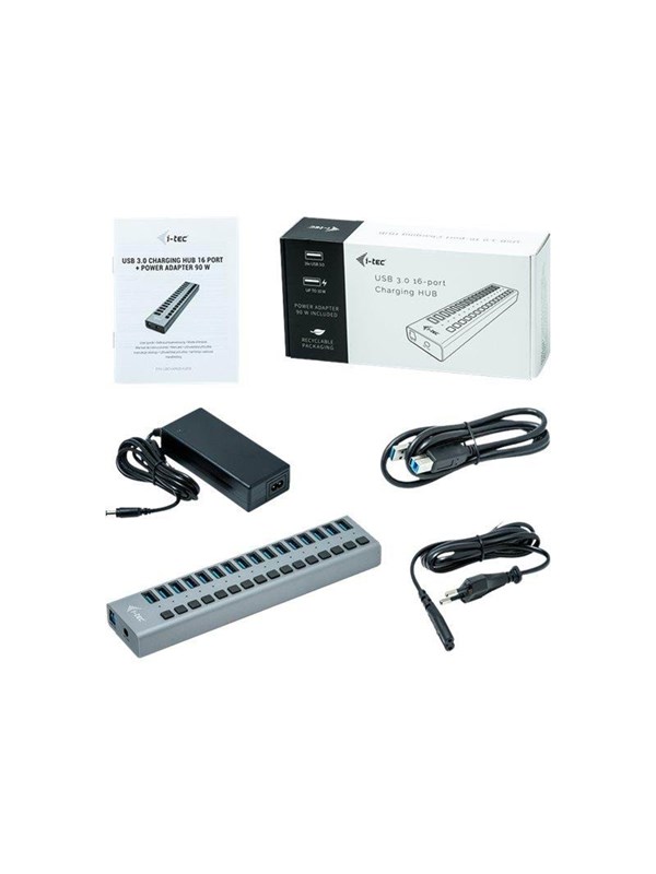 I-Tec USB 3.0 Charging HUB 16 port + Teho Adapter 90 W USB hub - 16 porttia - Harmaa