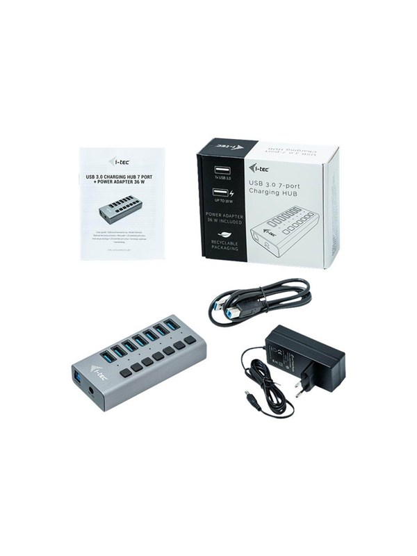 I-Tec USB 3.0 Charging HUB 7 port + Teho Adapter 36 W USB hub - 7 porttia - Harmaa