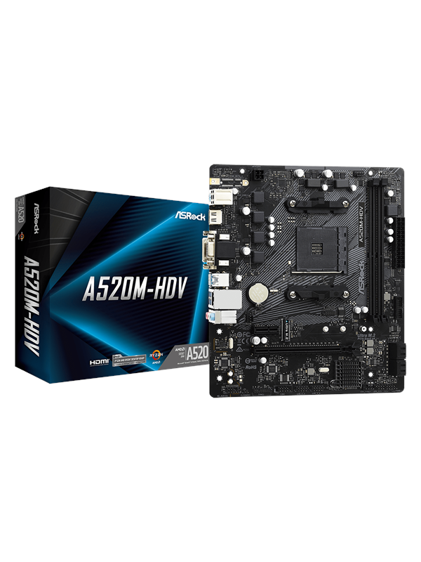 ASRock A520M-HDV - Emolevy - micro-ATX - Socket AM4 - AMD A520 piirisarja - USB 3.2 Gen 1 - Gigabit LAN - sisäinen grafiikka (CPU tarvitaan) - HD Audio (8-kanavainen)