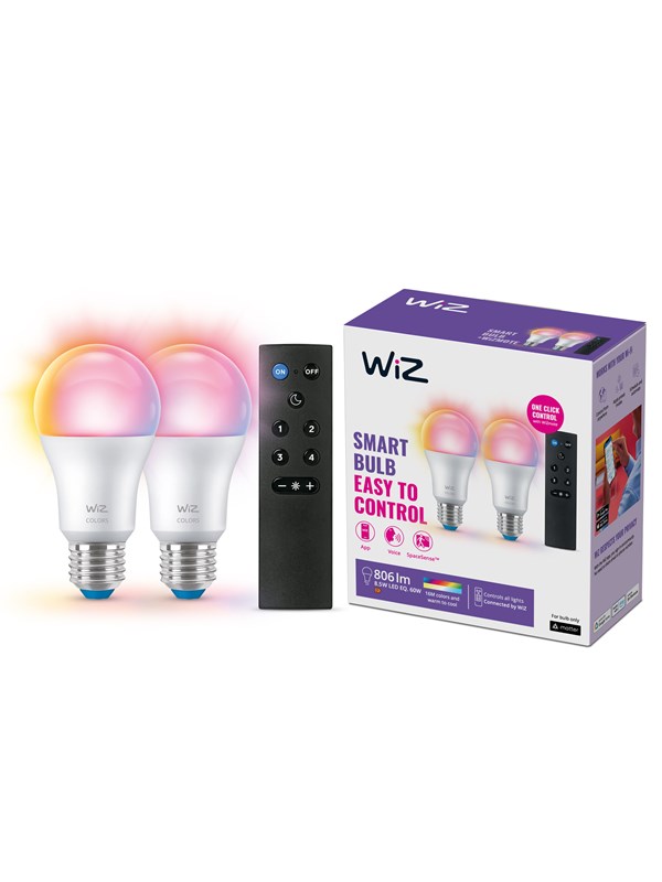 WiZ Color A60 E27 LED-lamppu, 2 kpl + -kaukosäädin - RGB/16 miljoonaa väriä + himmennettävä valkoinen LED-valo