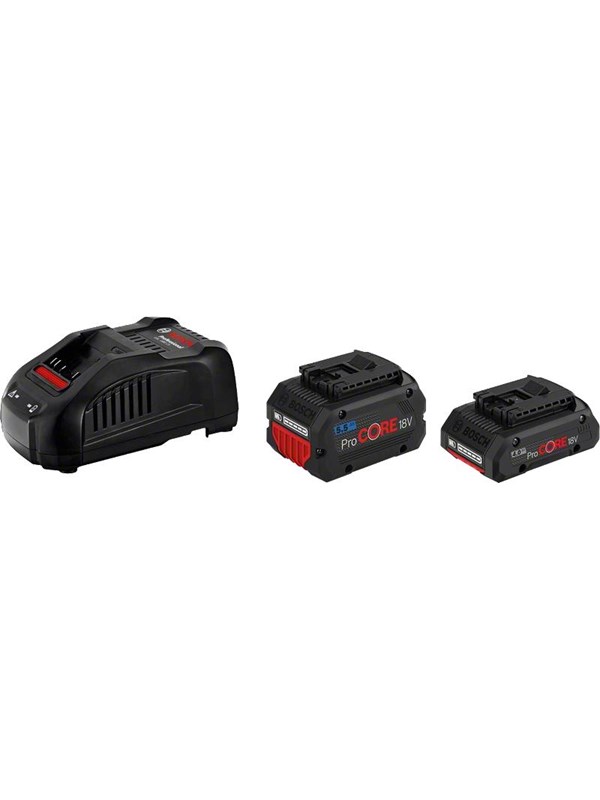 Bosch Professional 8V-40 LaturiProCORE Akku-Kit 18V 4.0 Ah + 5.5 Ah + GAL 18V-40 Laturi = ProCORE akkupaketti, joka sisältää kaksi akkua (4,0 Ah ja 5,5 Ah) sekä laturin (GAL 18V-40).