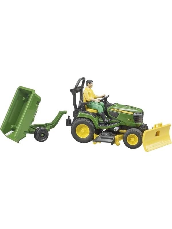 Bruder Bworld John Deere -ruohonleikkuri perävaunulla ja puutarhurilla