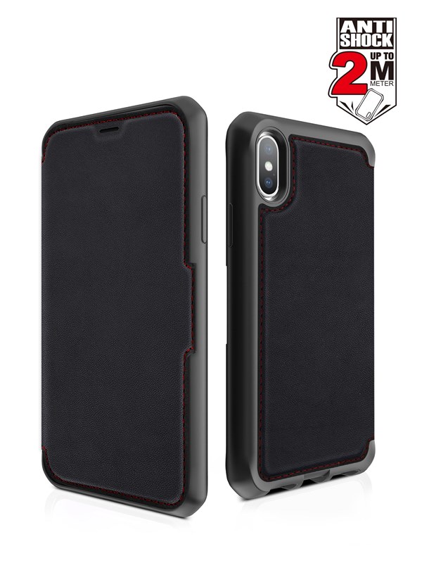 ITSKINS HYBRID FOLIO cover for iPhone XS / X® - Black and red with recycled leather