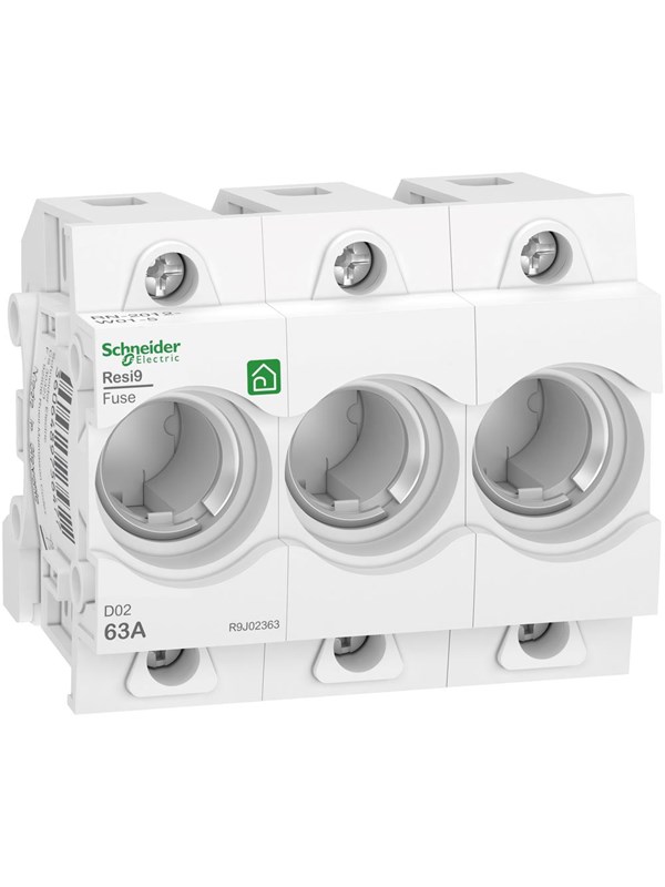 Schneider Electric Resi9 neozed d02 3p 63a fuse holder Ilman screw head fits DIN rail. d02 Musta screw heads are supplied in pack of 10 r9j02063