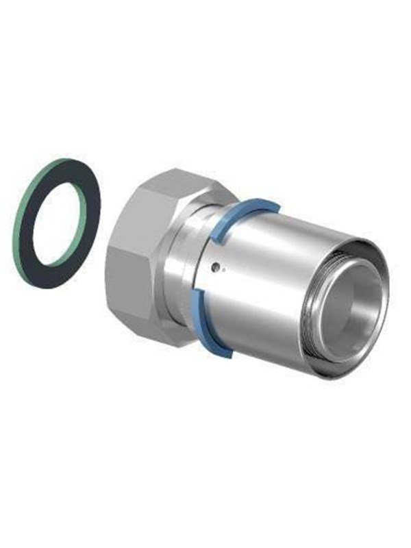 Uponor s-press plus sovitin, jossa on pyörivä mutteri ja litteä tiivistyspesuri 25 mm x 34