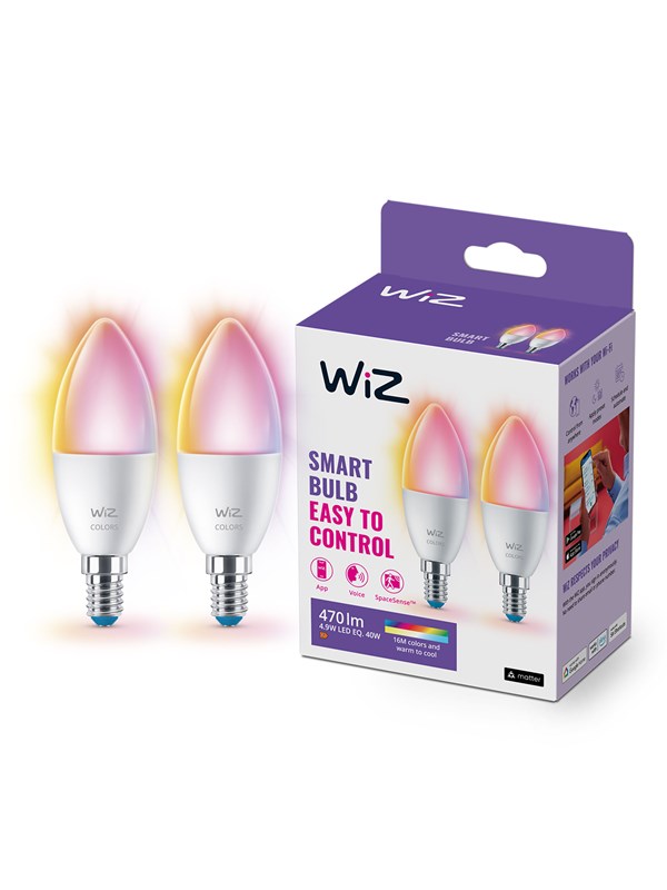 WiZ Color C37 E14 -kynttilälamppu, 2 kpl - RGB/16 miljoonaa väriä + himmennettävä valkoinen LED-valo