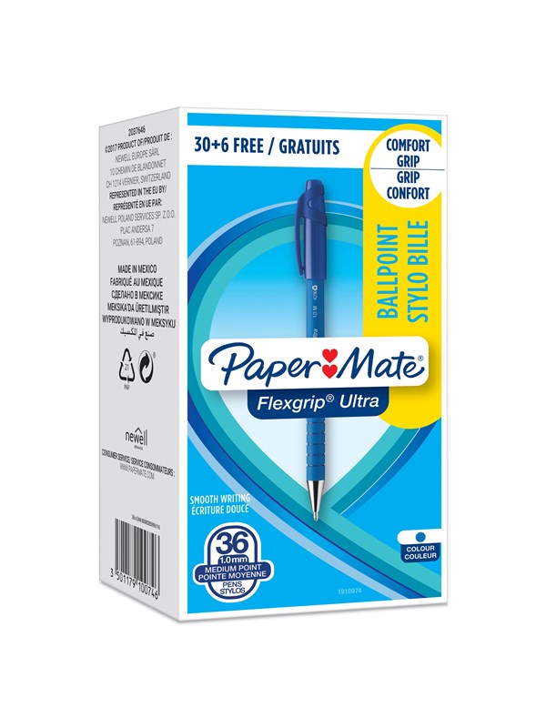 Paper Mate Mekanismilla toimivat Flexgrip Ultra -kuulakärkikynät | Keskikokoinen kärki (1,0 mm) | Sininen | 36 kpl