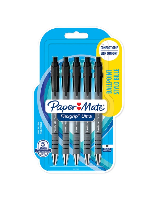 Paper Mate Flexgrip Ultra -kuulakärkikynät | Keskikokoinen kärki (1,0 mm) | Musta | 5 kpl