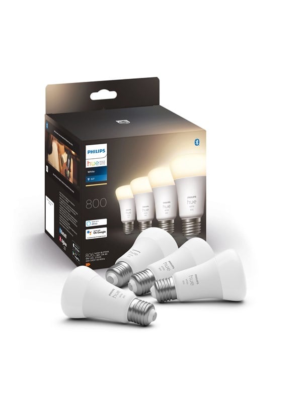 Philips Hue White A60 E27 -älylamppu (4 kpl) - 2 700 K, 800 lm, 9 W, Zigbee & Bluetooth, himmennettävä, ohjaus sovelluksessa & puhekomennoilla