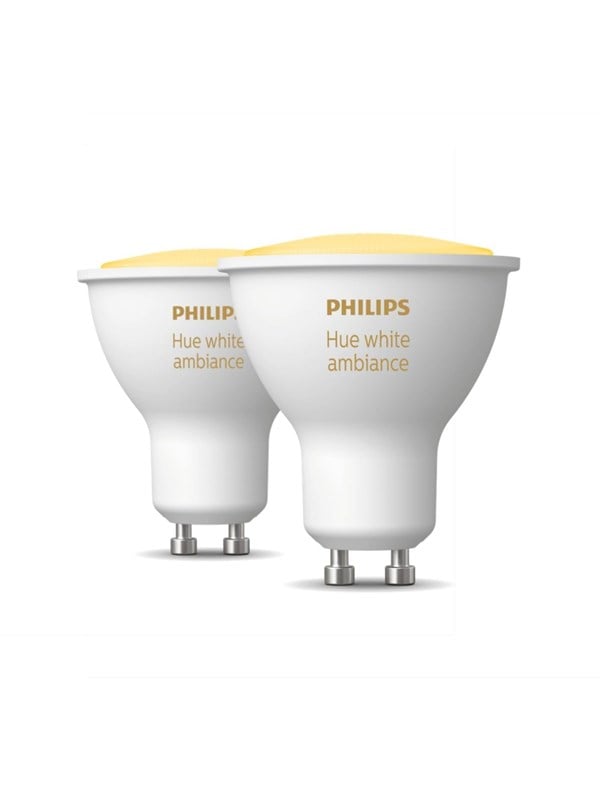Philips Hue White Ambiance GU10 kohdelamppu (2 kpl) - valkoista valoa lämpimästä viileään 2 200-6 500 K, 400 lm, 4,2 W, Zigbee & Bluetooth, himmennettävä, ohjaus sovelluksessa & puhekomennoilla