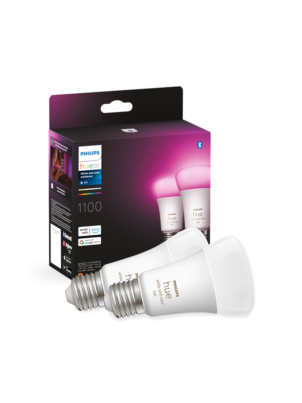 Philips Hue White & Color Ambiance A60 E27 älylamppu (2 kpl) - 2 200-6 500 K + 16 miljoonaa väriä, 1 100 lm, 11 W, Zigbee & Bluetooth, himmennettävä, ohjaus sovelluksessa & puhekomennoilla