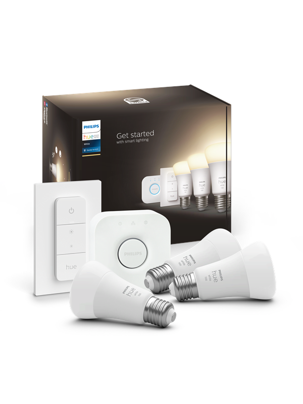 Philips Hue White aloituspakkaus - 3x E27 A60 -lamppu + Dimmer Switch + Hue Bridge - 2 700K, 1 100 lm, Zigbee & Bluetooth, ohjaus sovelluksessa & puhekomennoilla