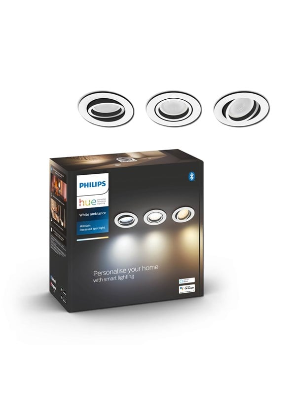 Philips Hue Milliskin upotettava kohdevalaisin, 3 kpl - White Ambiance, 2 200-6 500 K, 1 200 lm, 4,2W, GU10-lamput, Zigbee & Bluetooth, ohjaus sovelluksessa ja puhekomennoilla