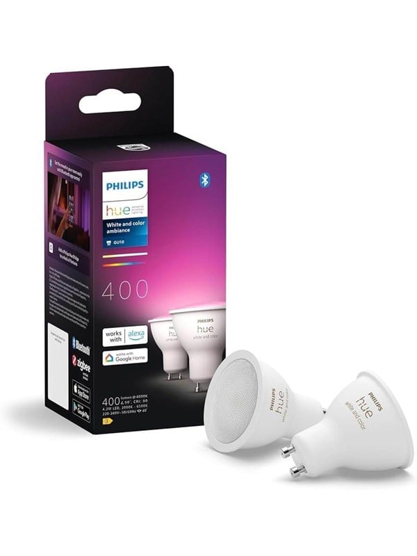 Philips Hue White & Color Ambiance GU10-kohdelamppu (2 kpl) - 2 200-6 500 K + 16 miljoonaa väriä, 400 lm, 4,2W, Zigbee & Bluetooth, himmennettävä, ohjaus sovelluksessa & puhekomennoilla