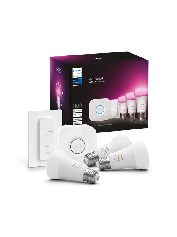 Philips Hue White & Color Ambiance aloituspakkaus - 3x E27 A60 -lamppu + Dimmer Switch + Hue Bridge