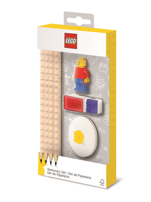 LEGO kirjoitusvälineet -setti minihahmolla.