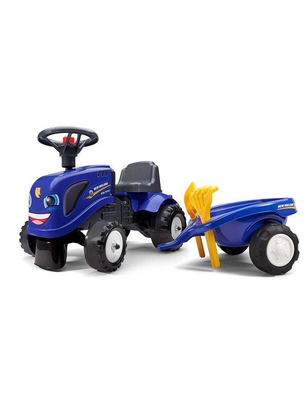 Falk Ride-on traktori peräkärryllä, haravalla ja lapiolla baby New Holland