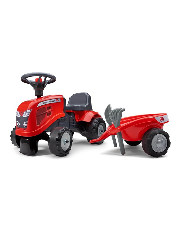 Falk Ride-on traktori peräkärryllä, haravalla ja lapiolla baby Massey Ferguson