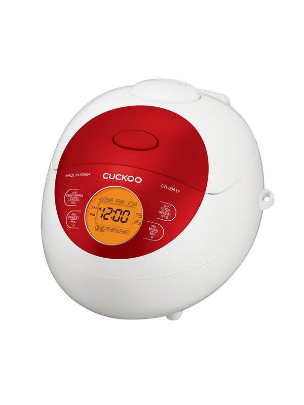 Cuckoo CR-0351F, Rice Cooker, White & Red, 0,54 L, Aluminium, LCD, 1,2 m cable