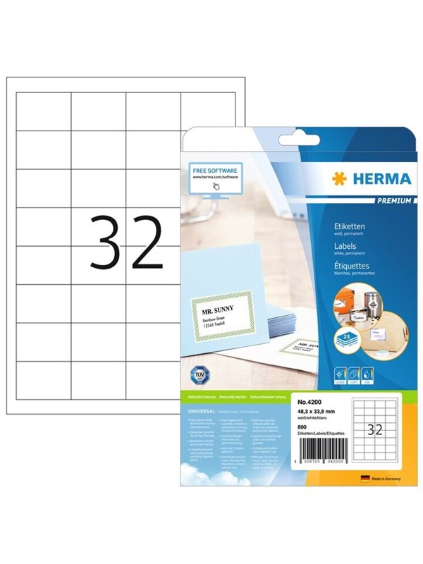HERMA 4200, Valkoinen, Itse kiinnittyvä tulostintarra, A4, Paperi, Laser/Inkjet, Kiinteä