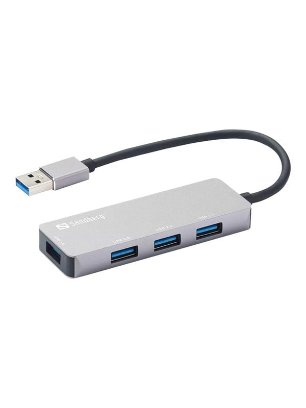 Sandberg USB-A-keskusyksikkö, jossa on 1 x USB3.0 ja 3 x 2.0-liitäntää SAVER-toiminnolla USB hub - 4 porttia - Harmaa
