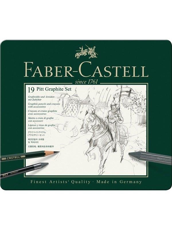 Faber-Castell Pitt Graphite -rasia, jossa on 19 kynää.