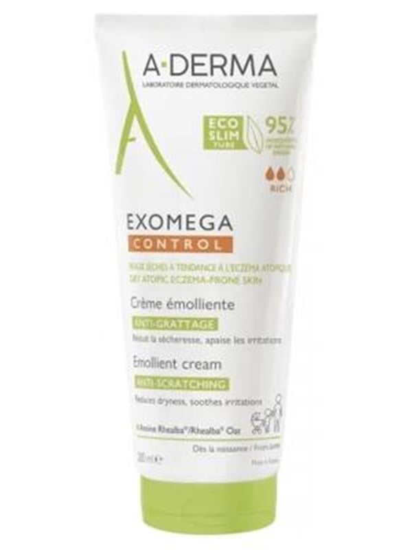 A-Derma Exomega Control -kosteusvoide kutinan hoitoon, Eco-Slim -tuubi 200 ml.