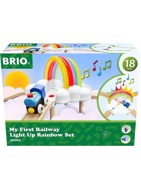 Brio Ensimmäinen rautatievalosarjani, jossa on sateenkaaren värejä.