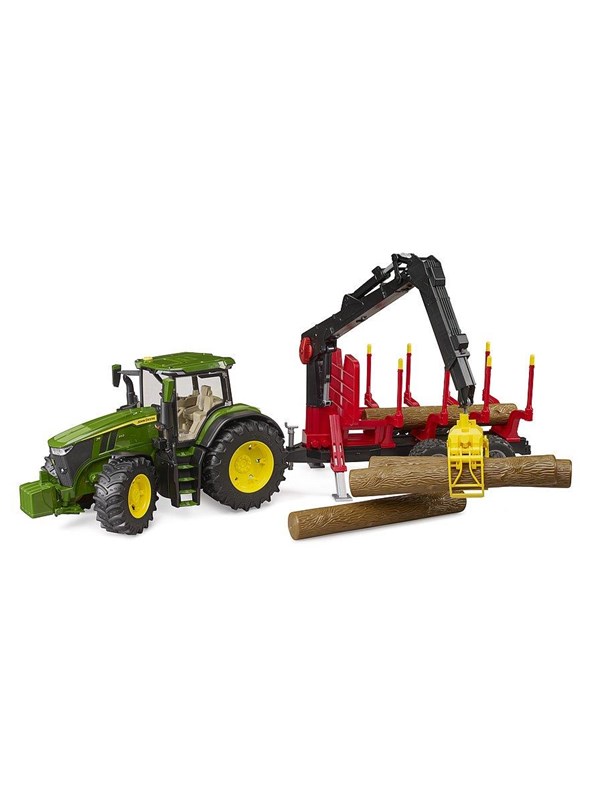 Bruder John Deere 7R 350 metsäperävaunulla ja neljällä rungolla.