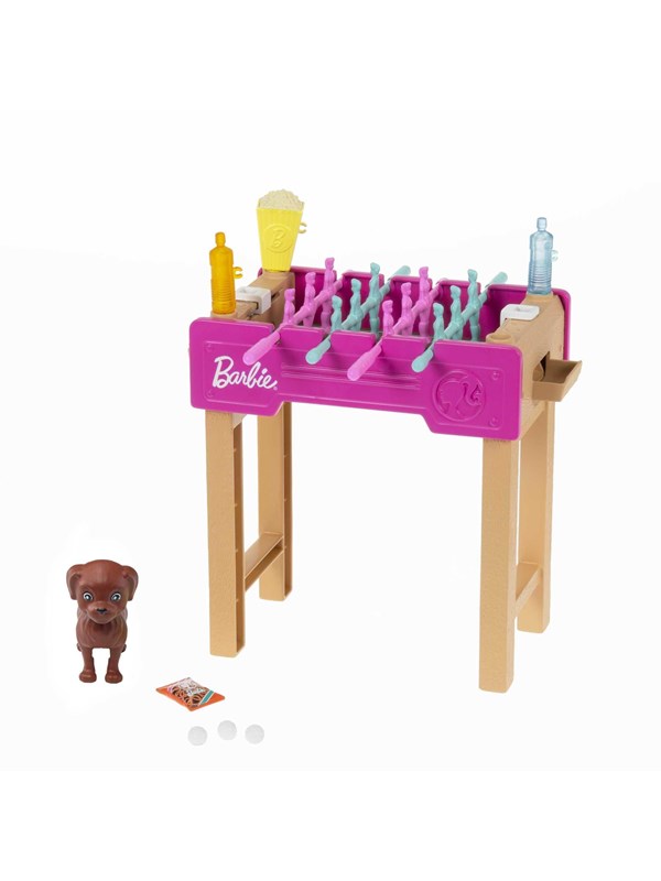 Barbie Pieni leikkisetti lemmikkieläintarvikkeilla ja toimivalla pöytäjalkapallolla.