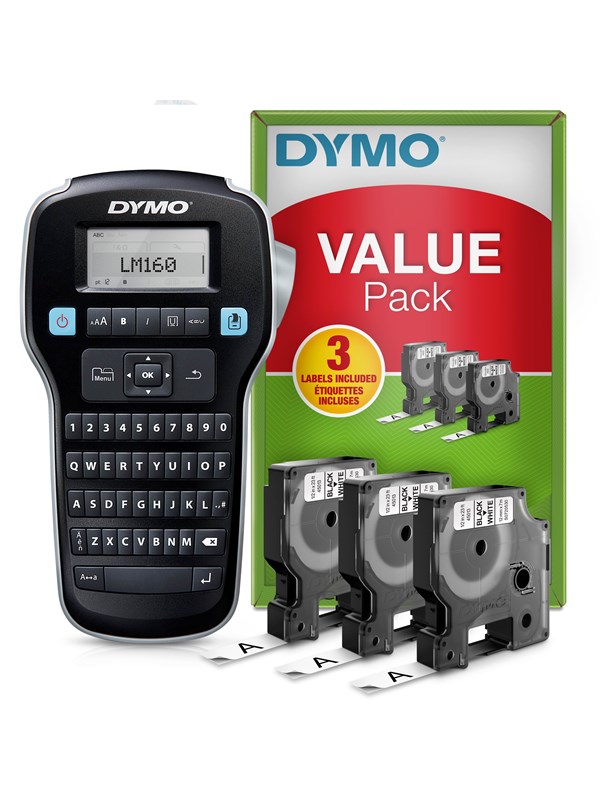 DYMO LabelManager 160 Label Maker -aloituspakkaus | Kädessä pidettävä tarrakone | 3 rullaa Dymo D1 -tarrateippiä | QWERTY-näppäimistö | Ihanteellinen toimistoon tai kotiin
