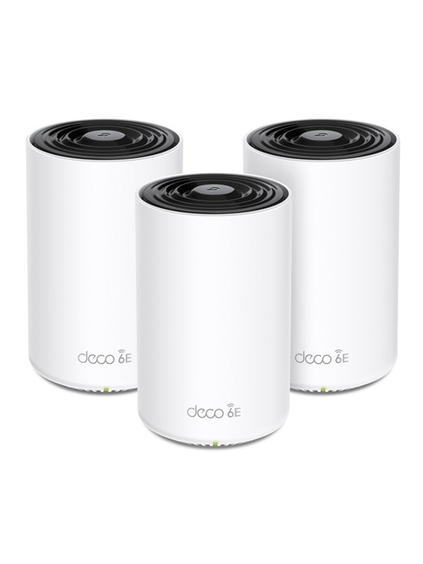 TP-Link Deco XE75 Pro (3-pack), Valkoinen, Sisäinen, Verkkojärjestelmä, 670 m², FCC: <30 dBm (2.4 GHz), <30 dBm (5 GHz), <30 dBm (6 GHz), CE: <20 dBm (2.4 GHz), <23 dBm (5 GHz),..., Kolmikaista (2,4 GHz/5 GHz/6 GHz)