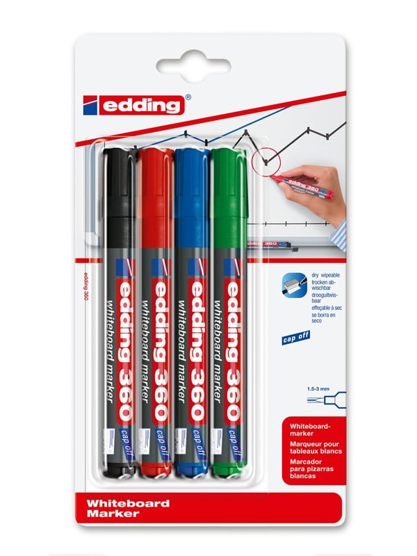 Edding e-360 valkotaulukynäsarja, jossa on 4 erilaista kynää.
