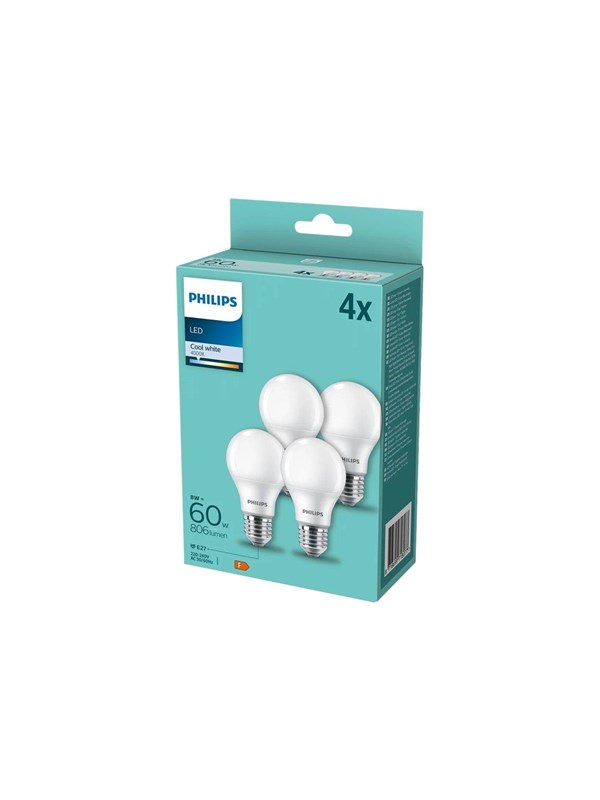 Philips LED-lamppu Standard A60 8W/840 (60W) Frosted 4-pack E27