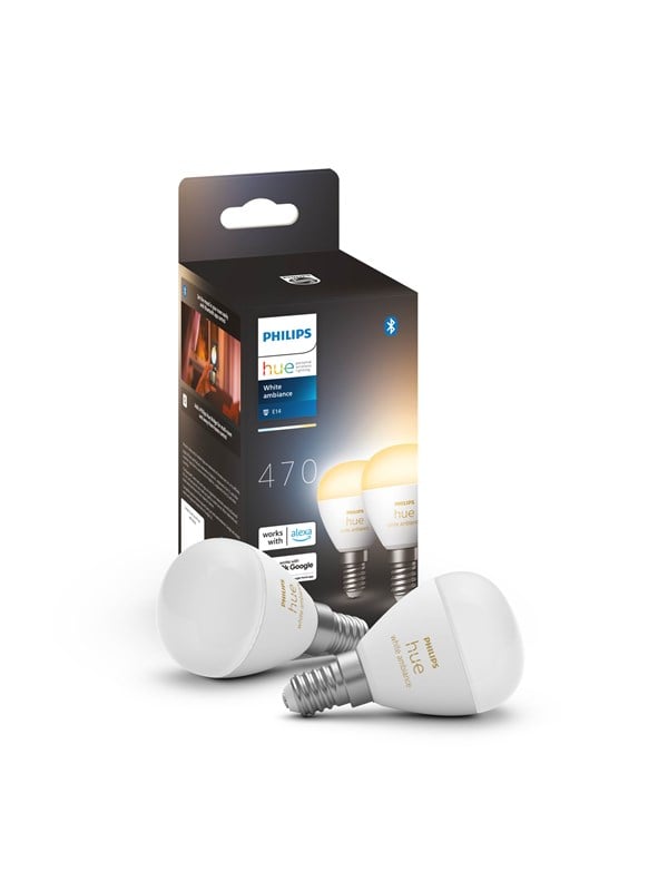 Philips Hue White Ambiance E14 Luster-lamppu (2 kpl) - 2 200-6 500 K, 400 lm, 5,1 W, P45, Zigbee & Bluetooth, himmennettävä, ohjaus sovelluksessa & puhekomennoilla
