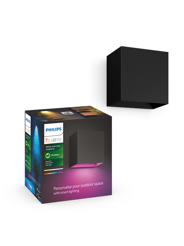 Philips Hue Resonate ulkoseinävalaisin (musta) - White & Color Ambiance, IP44-luokitus, 2 200-6 500 K + 16 miljoonaa väriä, 350 lm, 8 W, Zigbee, ohjaus sovelluksessa & puhekomennoilla