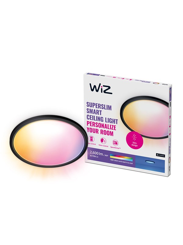 WiZ SuperSlim -kattovalaisin, 22 W, säädettävä valkoinen valo, himmennettävä, erittäin ohut muotoilu, musta