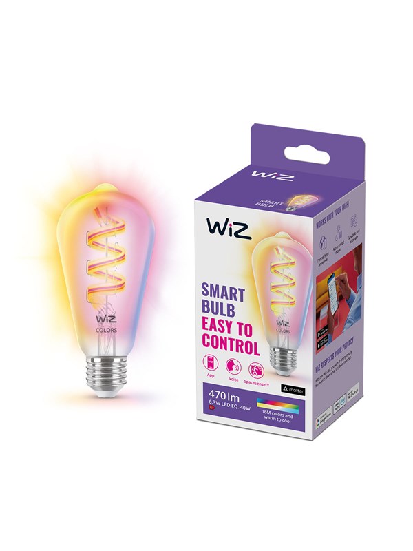 WiZ Color ST64 E27 kirkas filamenttilamppu - RGB/16 miljoonaa väriä + himmennettävä valkoinen LED-valo