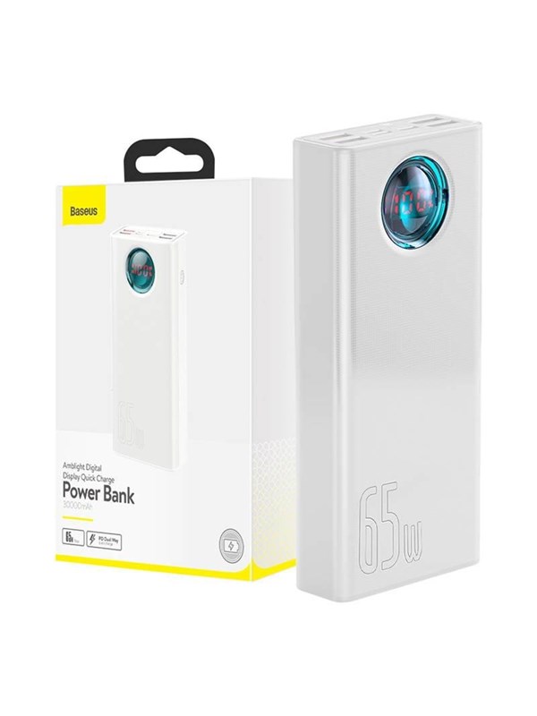 Baseus Amblight Digital Display Quick Charge - 30000mAh - 65W - 4xUSB USB-C Powerbank - Valkoinen - 30000 mAh