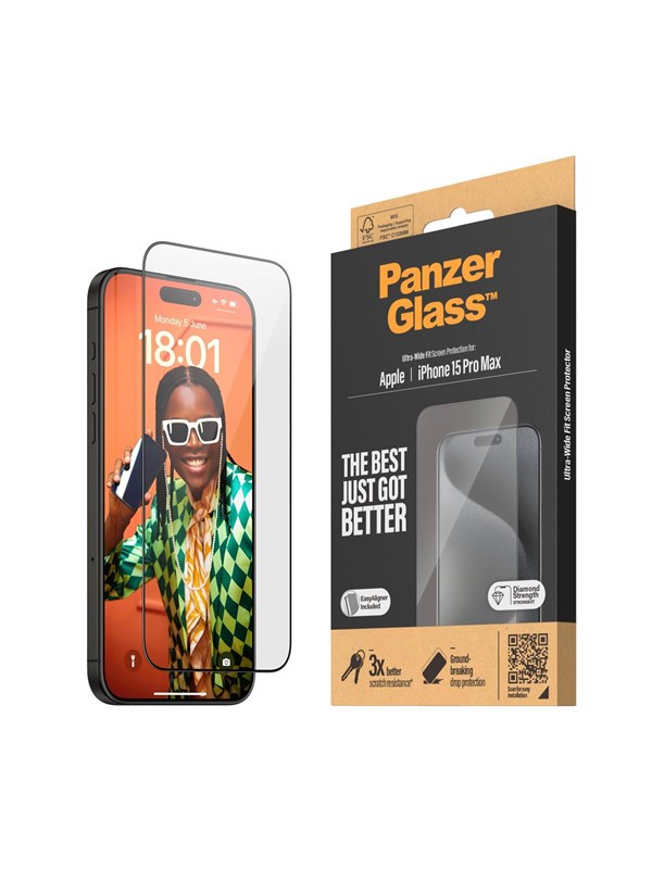 PanzerGlass Screen Protector iPhone 15 Pro Max | Ultra-Wide Fit w. EasyAligner