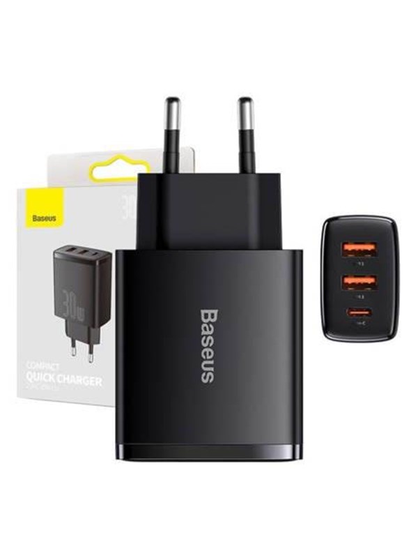 Baseus Compact Quick Charger 2 × USB-A + USB-C PD 3 A 30 W - Black