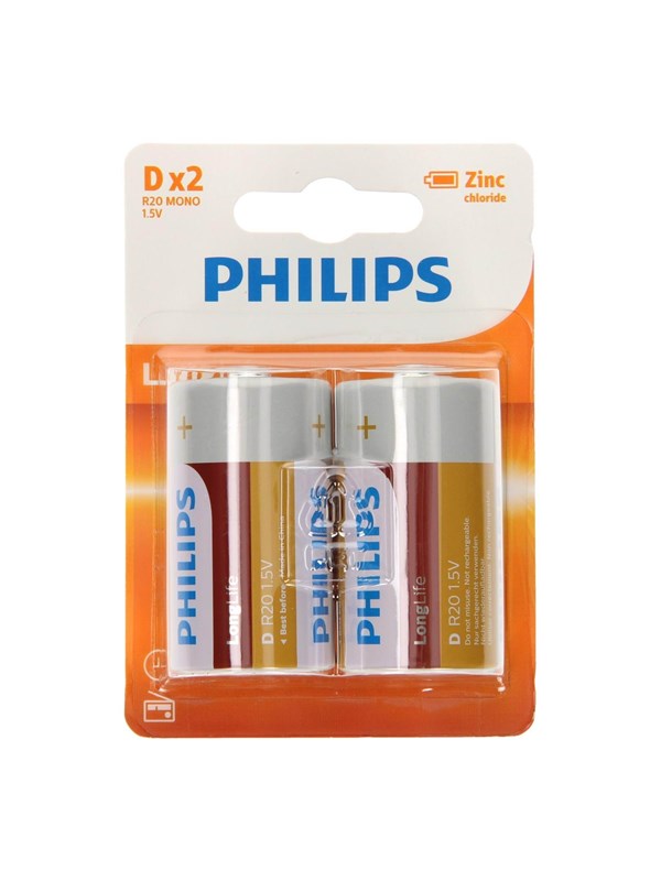 Philips Longlife Battery Zinc D/R20 2pcs.