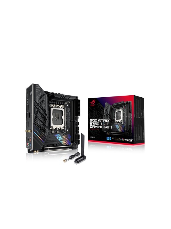 ASUS ROG STRIX B760-I GAMING WIFI - Emolevy - mini ITX - LGA1700-asennuspaikka - B760 piirisarja - USB 3.2 Gen 1, USB-C 3.2 Gen 1, USB-C 3.2 Gen 2x2, USB-C 3.2 Gen2 - 2.5 Gigabit LAN, Wi-Fi 6E, Bluetooth - sisäinen grafiikka (CPU tarvitaan) - HD-ääni (8-kanavainen)
