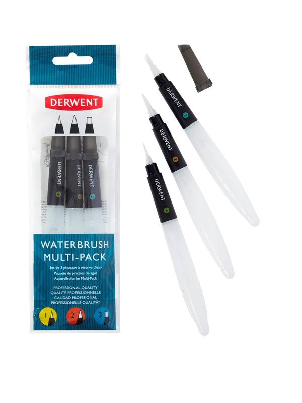 Derwent Waterbrush For Watercolour Painting Pack Of 3 Includes Chisel Tip Fine Tip & Medium Tip
