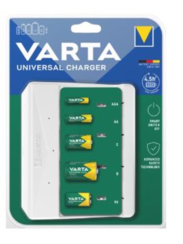 Varta Universal Charger, Nikkelimetallihybridi (NiMH), Oikosulku, 9V, AA, AAA, C, D, 4 kpl, Sisältää paristot