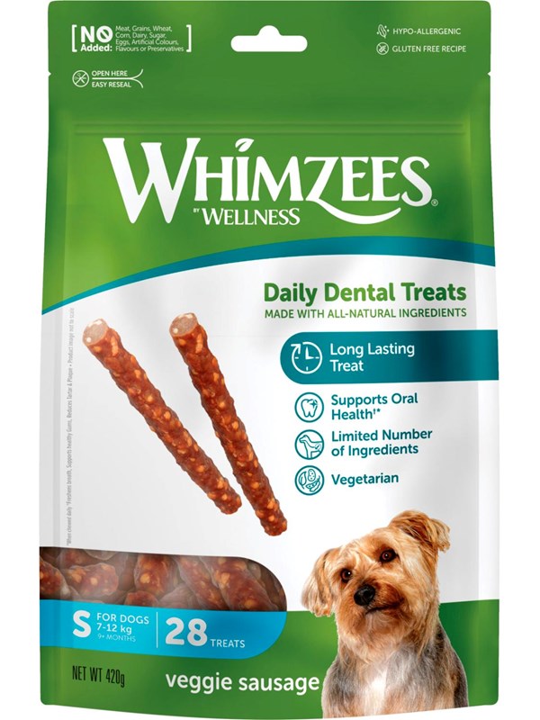Whimzees Veggie Sausage S, pussi 28 kpl (WHZ324)